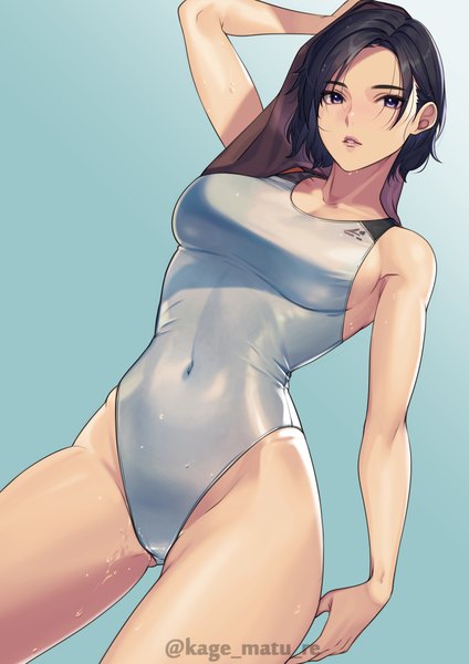 Anime picture 1736x2456 with original kagematsuri single tall image fringe highres short hair breasts light erotic black hair simple background standing purple eyes signed looking away parted lips arm up twitter username groin covered navel