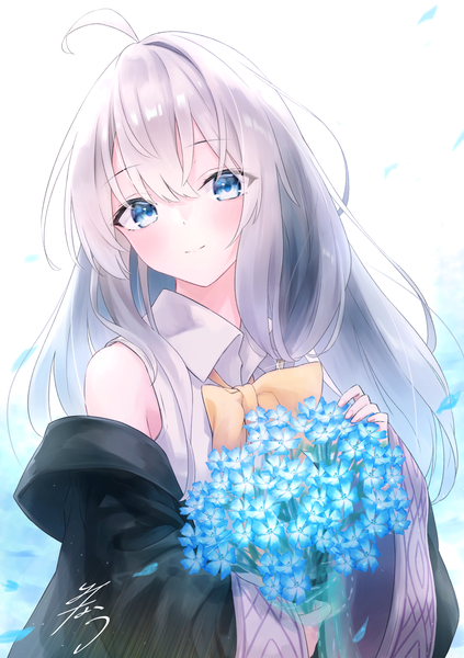 Anime picture 1748x2480 with majo no tabitabi elaina (majo no tabitabi) minau37 single long hair tall image looking at viewer blush fringe highres blue eyes simple background smile hair between eyes white background bare shoulders signed silver hair upper body ahoge