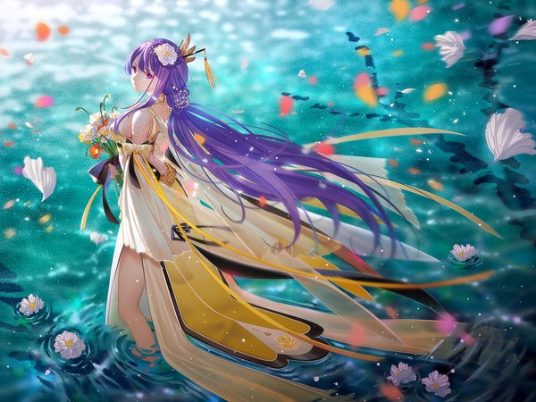 Anime-Bild 1500x1125 mit vocaloid vocaloid china mo qingxian tidsean single long hair looking at viewer fringe breasts hair between eyes standing purple eyes holding purple hair looking back hair flower from above wind partially submerged girl