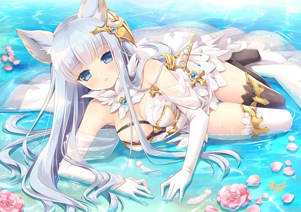 Anime picture 1244x880 with granblue fantasy korwa (granblue fantasy) ozawa yuu single long hair looking at viewer highres breasts blue eyes light erotic animal ears blue hair absurdres girl thighhighs dress gloves flower (flowers) petals elbow gloves