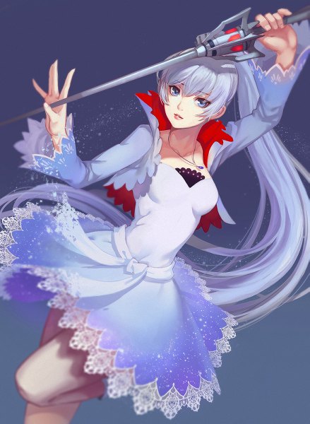 Anime picture 877x1200 with rwby rooster teeth weiss schnee catwyz single tall image looking at viewer blue eyes white hair ponytail very long hair girl dress weapon sword pendant