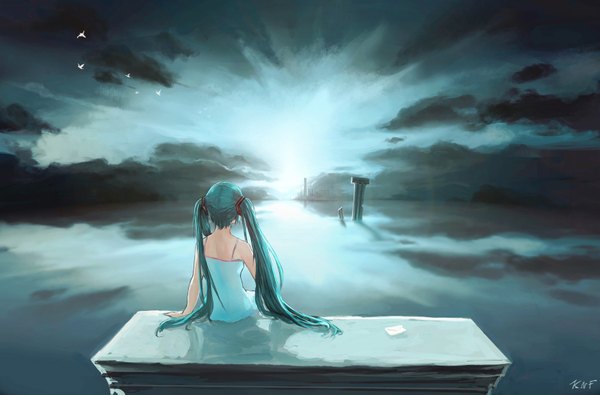 Anime picture 1754x1155 with vocaloid hatsune miku k.n.f. long hair highres sitting twintails signed sky cloud (clouds) from behind sunlight aqua hair reflection girl dress animal water bird (birds) sundress