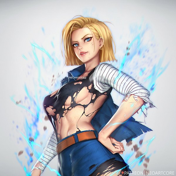 Anime picture 800x800 with dragon ball dragon ball z android 18 nudtawut thongmai single looking at viewer short hair breasts blue eyes light erotic blonde hair simple background signed upper body realistic grey background hand on hip torn clothes licking injury