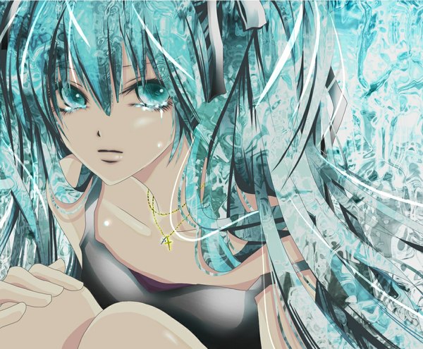 Anime picture 1100x908 with vocaloid hatsune miku aonoe single long hair twintails aqua eyes aqua hair tears crying girl dress ribbon (ribbons) jewelry cross