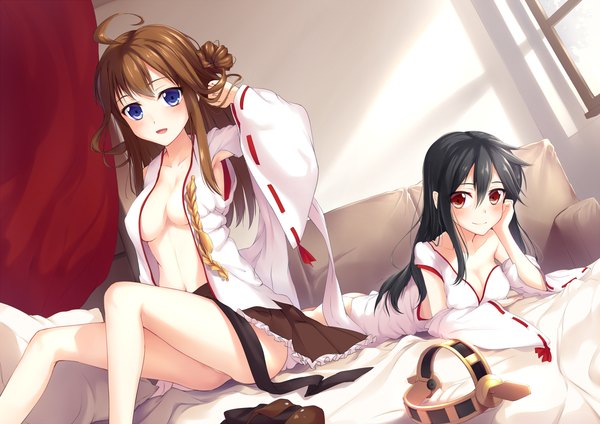 Anime picture 1500x1060 with kantai collection kongou battleship haruna battleship yaguo long hair blush breasts open mouth blue eyes light erotic black hair smile red eyes brown hair multiple girls ahoge nontraditional miko girl skirt 2 girls