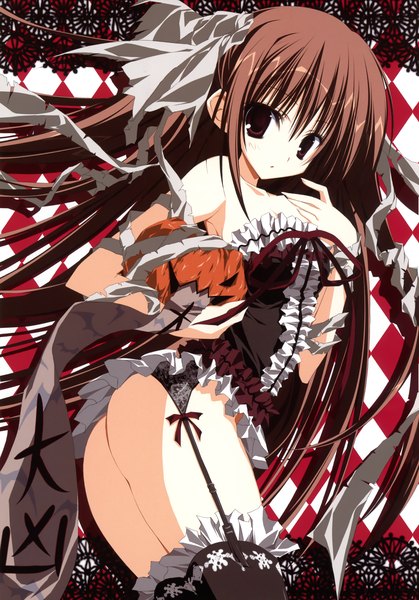 Anime picture 2446x3500 with inugami kira single long hair tall image highres light erotic red eyes brown hair ass scan girl dress bow hair bow frills