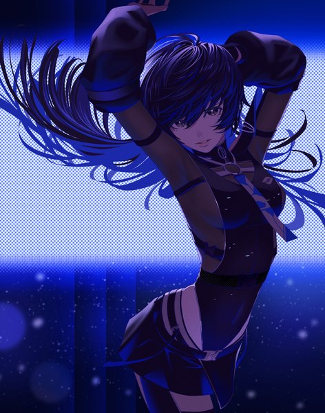Аниме картинка 1915x2434 с виртуальный ютубер kamitsubaki studio koko (kamitsubaki studio) emotionalmikky один (одна) длинные волосы высокое изображение смотрит на зрителя чёлка высокое разрешение волосы между глазами синие волосы поднятые руки девушка отдельные рукава леотард
