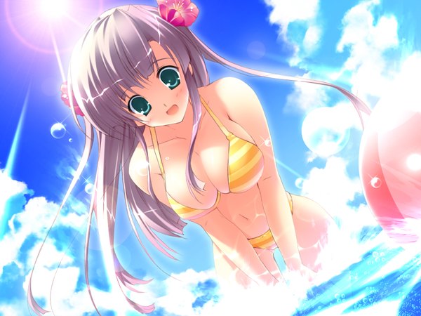 Anime picture 1600x1200 with mikeou long hair light erotic sky cloud (clouds) beach flower (flowers) swimsuit bikini water sea ball striped bikini