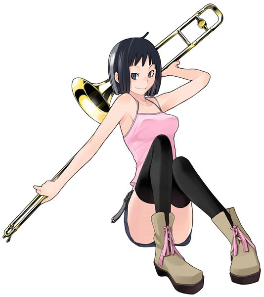 Anime picture 1000x1124 with yozakura quartet kishi touka suzuhito yasuda tall image looking at viewer short hair black hair simple background white background sitting bare shoulders full body light smile black eyes sleeveless girl thighhighs black thighhighs shorts boots