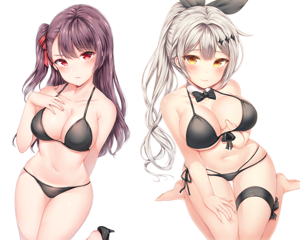 Anime picture 3500x2800 with girls frontline wa2000 (girls frontline) five-seven (girls frontline) zerocat long hair looking at viewer blush fringe highres breasts light erotic simple background hair between eyes red eyes large breasts white background sitting bare shoulders multiple girls yellow eyes