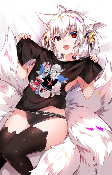 Anime picture 963x1500 with original usagihime single long hair tall image looking at viewer fringe open mouth light erotic smile hair between eyes red eyes holding animal ears ahoge white hair tail lying nail polish :d