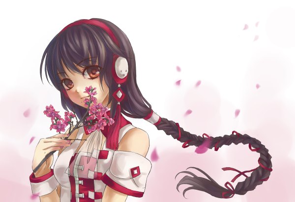 Anime picture 1200x823 with vocaloid yuezheng ling tagme (artist) single long hair fringe brown hair brown eyes braid (braids) single braid girl detached sleeves petals headphones branch