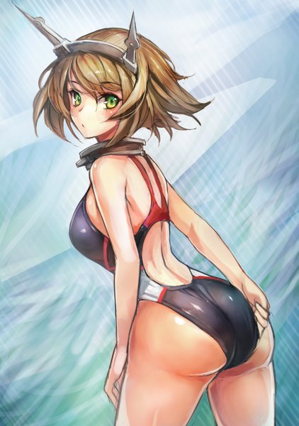 Anime picture 1055x1500 with kantai collection mutsu battleship taishi (picchiridou) single tall image looking at viewer blush short hair breasts light erotic brown hair green eyes ass looking back back turning head adjusting swimsuit girl swimsuit hairband