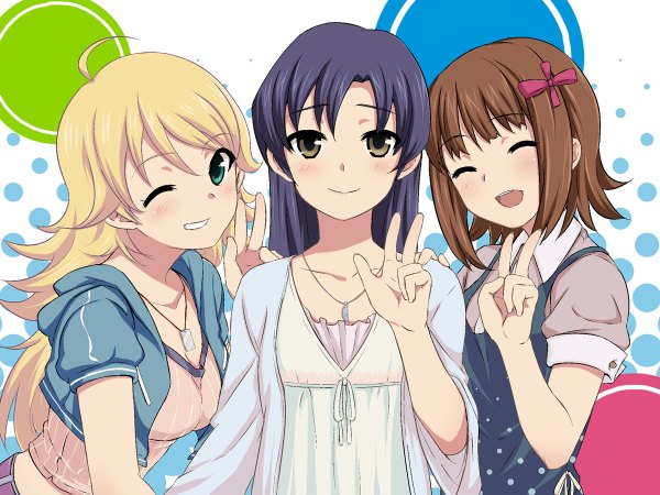 Anime picture 1200x900 with idolmaster hoshii miki kisaragi chihaya amami haruka tokita arumi long hair black hair blonde hair brown hair multiple girls green eyes ahoge one eye closed wink grin victory girl pendant 3 girls jewelry