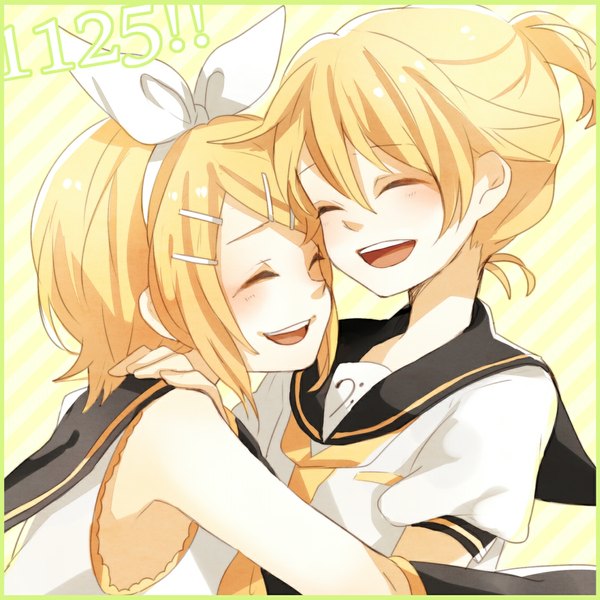 Anime picture 1125x1125 with vocaloid kagamine rin kagamine len tama (songe) blush short hair open mouth simple background blonde hair eyes closed border yellow background twins girl boy hair ornament bow hair bow detached sleeves bobby pin