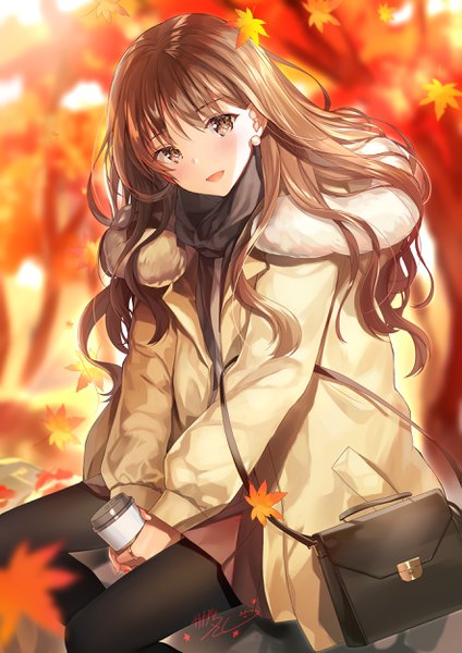 Anime picture 1767x2500 with original kagachi saku single long hair tall image looking at viewer blush fringe highres open mouth smile hair between eyes brown hair sitting holding brown eyes signed outdoors long sleeves head tilt