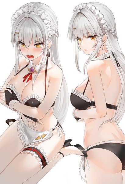 Anime picture 821x1200 with original kfr long hair tall image looking at viewer blush fringe breasts light erotic simple background hair between eyes large breasts white background sitting multiple girls yellow eyes payot cleavage silver hair high heels