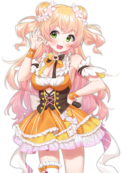 Anime picture 1273x1800 with virtual youtuber hololive momosuzu nene momosuzu nene (1st costume) chobi (penguin paradise) single long hair tall image looking at viewer blush open mouth simple background blonde hair white background green eyes :d hair bun (hair buns) fang (fangs) two side up hand on hip