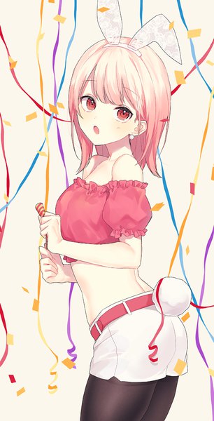 Anime picture 600x1176 with original silltare single long hair tall image looking at viewer red eyes bare shoulders animal ears pink hair tail animal tail :o midriff bunny ears fake animal ears bunny tail legwear under shorts girl earrings