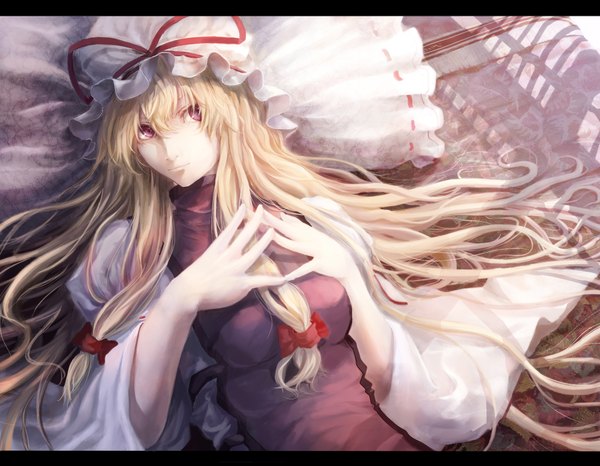 Anime picture 2304x1790 with touhou yakumo yukari koukyou long hair highres blonde hair purple eyes girl hat pillow