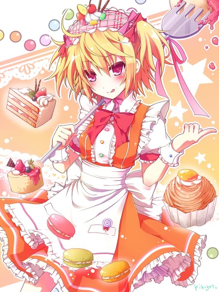 Anime picture 900x1200 with original kikugetsu single tall image looking at viewer blush short hair blonde hair smile signed pink eyes two side up girl food hairband sweets tongue apron wrist cuffs cake
