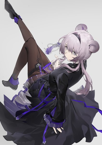Anime picture 2480x3508 with arknights lin yuhsia (arknights) yeyuanqianqianqian single long hair tall image fringe highres simple background hair between eyes animal ears full body looking back grey hair grey background grey eyes leg lift (legs lift) mouse ears girl pantyhose