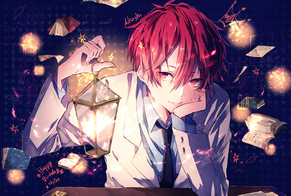 Anime picture 1800x1216 with kuroko no basket production i.g akashi seijuurou supaner single looking at viewer highres short hair smile red eyes red hair arm support character names happy birthday boy uniform school uniform book (books) crown lantern