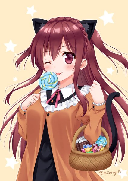 Anime picture 702x991 with original hoshino kagari single long hair tall image looking at viewer blush open mouth brown hair purple eyes signed animal ears upper body tail braid (braids) animal tail one eye closed wink cat ears cat tail