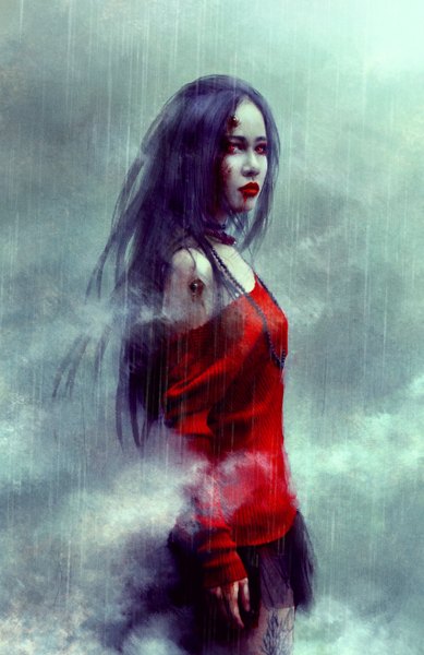 Anime picture 850x1310 with real life nanfe single long hair tall image looking at viewer black hair red eyes bare shoulders realistic tattoo lipstick rain red lipstick injury girl skirt blood