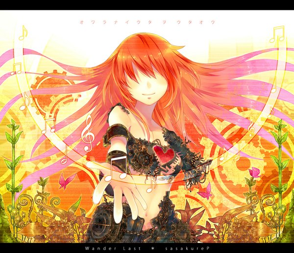 Anime picture 1100x950 with vocaloid wander last (vocaloid) megurine luka renta (deja-vu) single long hair smile red hair hieroglyph letterboxed outstretched hand hair over eyes girl navel flower (flowers) heart insect butterfly musical note hands
