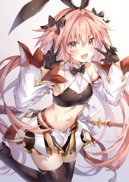 Anime picture 779x1100 with fate (series) fate/grand order astolfo (fate) astolfo (saber) (fate) higeneko single tall image looking at viewer blush fringe open mouth simple background hair between eyes purple eyes twintails pink hair very long hair midriff fang (fangs) zettai ryouiki