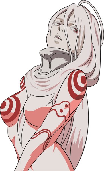 Anime picture 1980x3250 with deadman wonderland shiro (deadman wonderland) single long hair tall image highres open mouth simple background red eyes white background white hair girl bodysuit