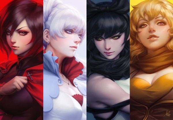 Anime picture 1300x900 with rwby rooster teeth ruby rose weiss schnee blake belladonna yang xiao long artgerm (stanley lau) long hair looking at viewer fringe short hair breasts blue eyes black hair simple background blonde hair hair between eyes white background multiple girls signed