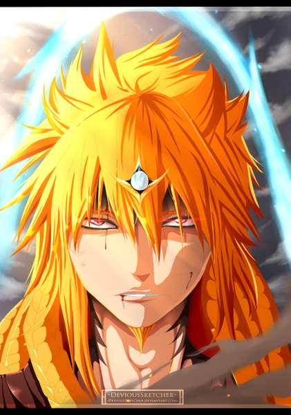 Anime picture 1754x2500 with magi the labyrinth of magic a-1 pictures ren kouen devioussketcher single tall image highres short hair blonde hair red eyes sky cloud (clouds) sunlight coloring magic portrait face boy blood beard