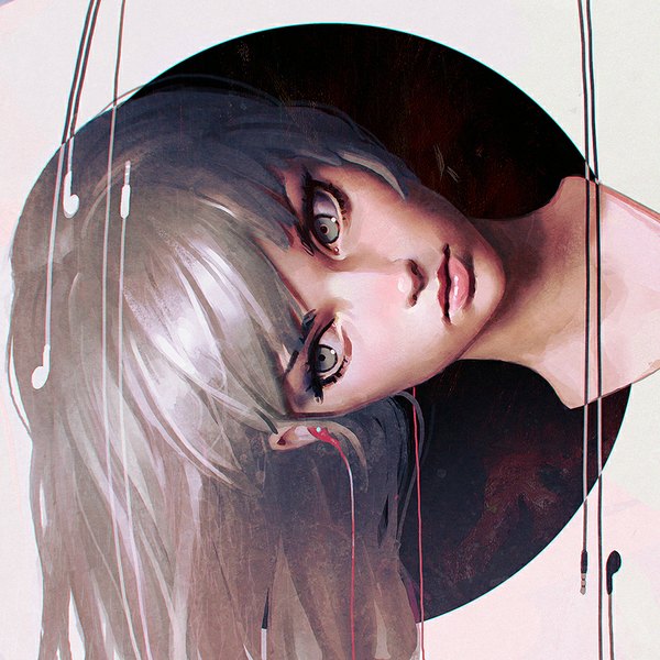 Anime picture 900x900 with original ilya kuvshinov single long hair looking at viewer fringe grey hair grey eyes close-up girl headphones wire (wires)