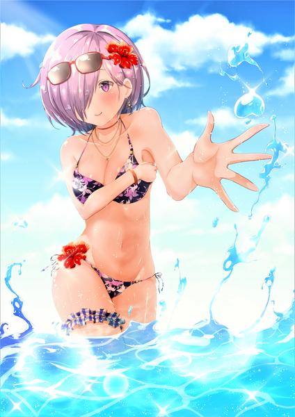 Anime picture 2778x3929 with fate (series) fate/grand order mash kyrielight sarujie (broken monky) single tall image looking at viewer blush fringe highres short hair light erotic smile standing purple eyes sky purple hair cloud (clouds) outdoors hair flower