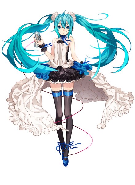 Anime picture 1041x1423 with vocaloid hatsune miku aya (547972106) single long hair tall image looking at viewer blue eyes simple background white background twintails bare shoulders blue hair girl thighhighs dress black thighhighs frills headphones microphone