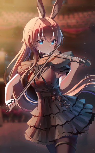 Anime picture 1200x1935 with arknights ambience synesthesia amiya (arknights) gin (gin937) single long hair tall image fringe blue eyes hair between eyes brown hair animal ears ponytail indoors bunny ears official alternate costume playing instrument girl dress pantyhose