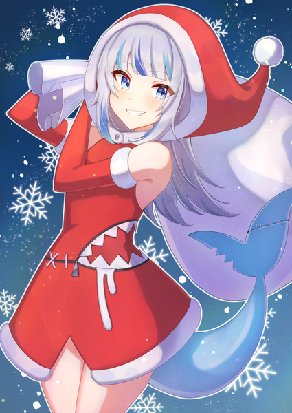 Anime picture 2508x3541 with virtual youtuber hololive hololive english gawr gura tsumurimai single long hair tall image looking at viewer fringe highres blue eyes smile silver hair blunt bangs multicolored hair streaked hair grin christmas girl