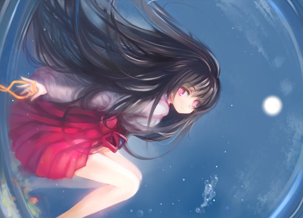 Anime picture 1091x787 with original ephtracy single long hair black hair pink eyes girl dress underwear moon