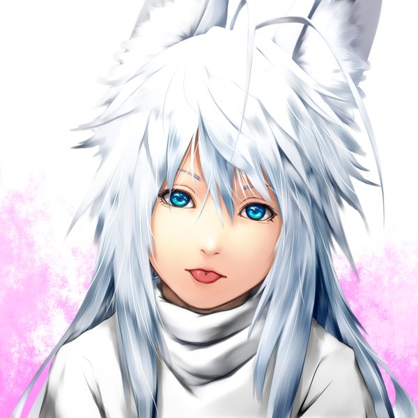 Anime picture 1024x1024 with original kentairui single long hair looking at viewer blue eyes animal ears silver hair :p girl tongue