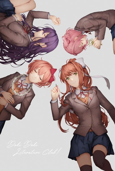 Anime picture 1281x1900 with doki doki literature club monika (doki doki literature club) yuri (doki doki literature club) natsuki (doki doki literature club) sayori (doki doki literature club) kouzuki kei long hair tall image blush fringe short hair simple background smile hair between eyes brown hair multiple girls holding green eyes payot pink hair