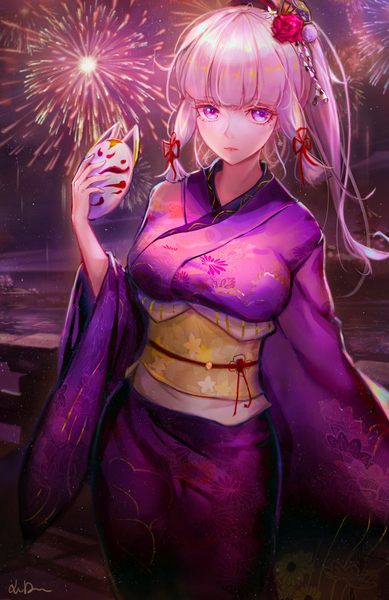 Anime picture 2222x3427 with genshin impact kamisato ayaka xude single long hair tall image looking at viewer blush fringe highres standing purple eyes holding signed payot silver hair outdoors ponytail blunt bangs traditional clothes