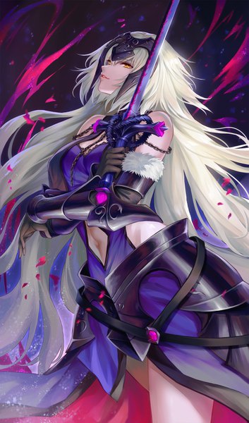 Anime picture 1767x3000 with fate (series) fate/grand order jeanne d'arc (fate) (all) jeanne d'arc alter (fate) pengnangehao single long hair tall image fringe highres breasts hair between eyes standing bare shoulders holding yellow eyes silver hair fur trim dark background looking up