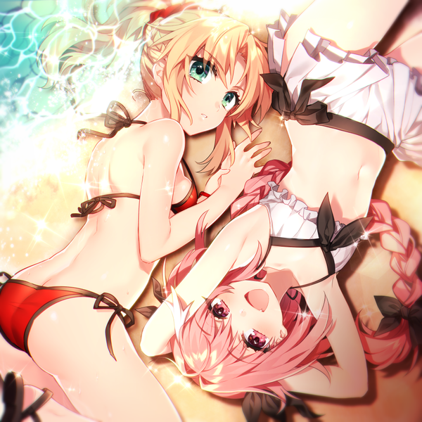 Anime picture 900x900 with fate (series) fate/grand order fate/apocrypha mordred (fate) astolfo (fate) mordred (swimsuit rider) (fate) sakura yuki (clochette) long hair looking at viewer breasts open mouth light erotic blonde hair green eyes pink hair ass ponytail lying braid (braids) parted lips