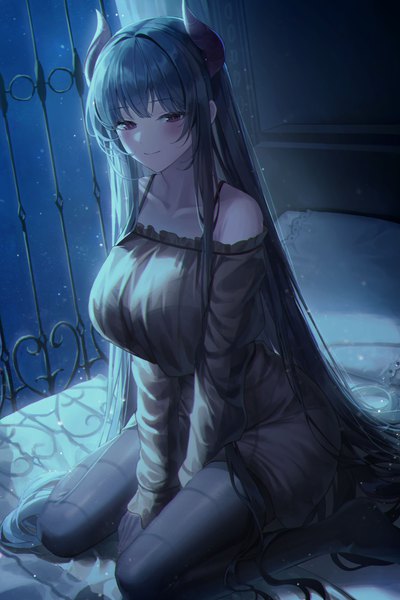 Anime-Bild 3500x5250 mit how to live as a writer in a fantasy world meoyo single tall image looking at viewer blush fringe highres breasts light erotic black hair smile red eyes large breasts sitting payot absurdres bent knee (knees) blunt bangs very long hair