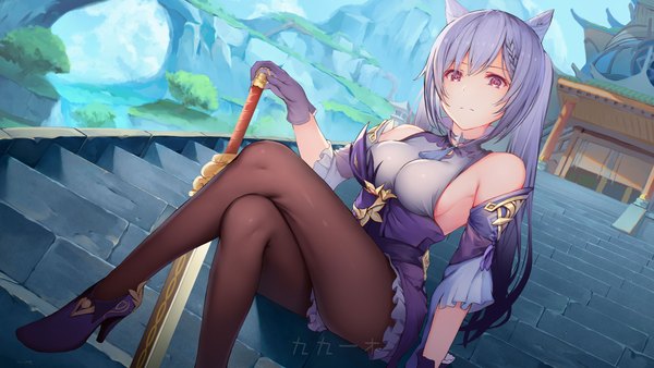 Anime picture 4800x2700 with genshin impact keqing (genshin impact) rafael-m single long hair looking at viewer fringe highres breasts light erotic hair between eyes wide image sitting twintails bare shoulders holding payot absurdres sky purple hair