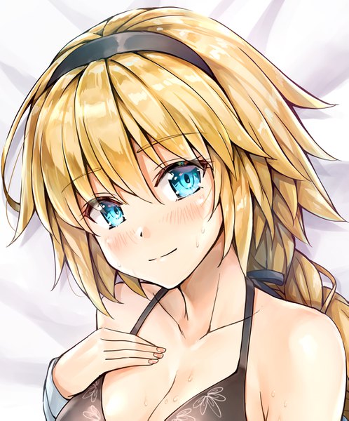 Anime picture 2357x2837 with fate (series) fate/grand order jeanne d'arc (fate) (all) jeanne d'arc (swimsuit archer) kotatsu (kotatsu358) single long hair tall image looking at viewer blush fringe highres breasts blue eyes light erotic blonde hair smile hair between eyes bare shoulders cleavage