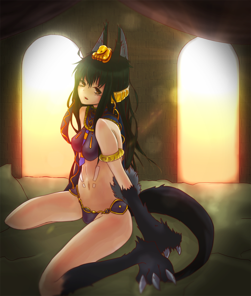 Anime picture 848x1000 with monster girl encyclopedia anubis (monster girl encyclopedia) rocknroll (artist) single long hair tall image looking at viewer blush breasts light erotic black hair animal ears tail bare belly orange eyes girl claws