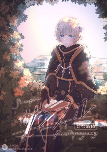 Anime picture 1000x1415 with re:creators meteora osterreich jiwaiwaicn single tall image blush fringe short hair blue eyes smile sitting holding signed payot looking away silver hair outdoors blunt bangs text hieroglyph